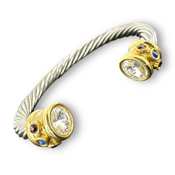 Retro Silver Rope Style Cuff Bracelet with Gold Bar on each end with rhinestones - Picture 1 of 7